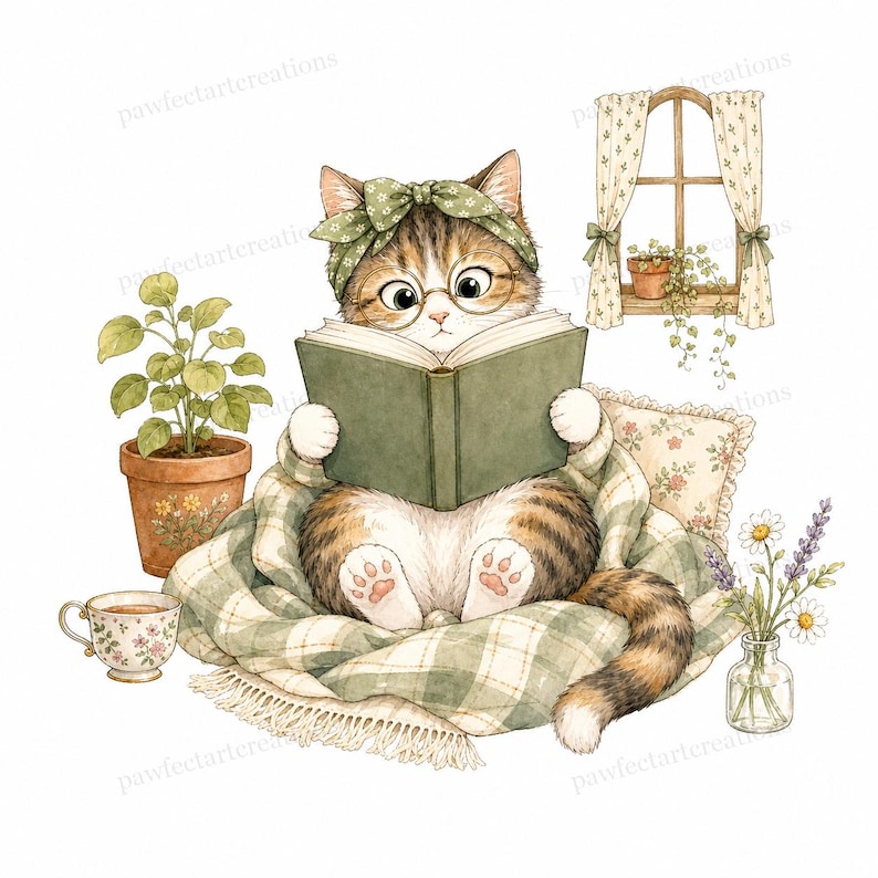 20 Cottagecore Reading Cats Clipart