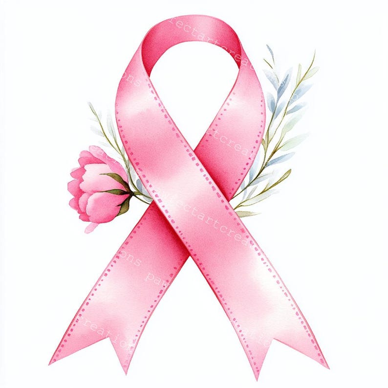 13 Pink Awareness Ribbon with flower Clipart, Breast Cancer Awareness, Printable Watercolor, High-Quality JPGs, Papercraft Junk Journal, Digital Craft