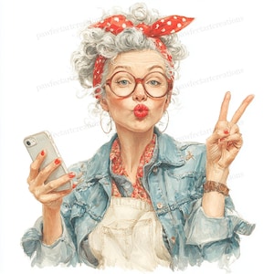 Peut inclure: Illustration à l'aquarelle d'une femme aux cheveux gris, portant un bandeau rouge à pois, des lunettes rondes rouges et une veste en jean. Elle tient un smartphone et fait le signe de la paix.