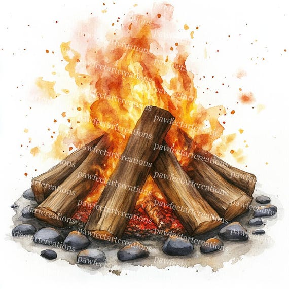 焚き火のクリップアート：水彩画のキャンプファイヤー、薪（デジタル