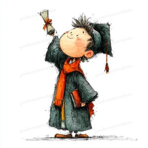 Pode incluir: Ilustração em aquarela de um graduado com chapéu e toga pretos, segurando um diploma. O graduado usa um cachecol laranja e segura um livro vermelho. A imagem tem um ambiente lúdico e festivo.