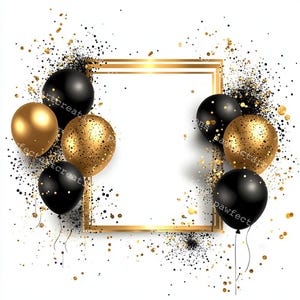 Clipart di 16 cornici di compleanno, palloncino di compleanno nero e oro, acquerello stampabile, JPG di alta qualità, cartaceo, diario di scarto, artigianato digitale