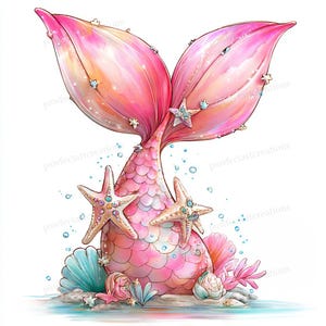 Può includere: Illustrazione ad acquerello di una coda di sirena rosa, con un corpo squamoso e una pinna divisa. Stelle marine e conchiglie sono sparse intorno alla base, con goccioline d'acqua blu e piccole stelle. Il tema generale è la fantasia.