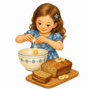 May include: A digital illustration of a child with brown hair wearing a blue floral dress, cracking an egg into a matching bowl. Beside the bowl sits a loaf of banana bread on a wooden cutting board with two slices and banana rounds.