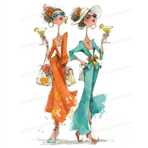 Könnte beinhalten: Aquarellillustration von zwei stilvollen Frauen, die Cocktails halten. Eine trägt ein orangefarbenes Outfit mit einer Blumentasche, die andere ein türkisfarbenes Ensemble mit einem weißen Hut. Beide sind mit Sonnenbrillen und Schmuck ausgestattet und tragen Einkaufstaschen.