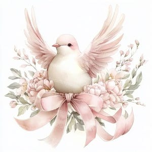 10 Bird with Pink Floral Clipart, Bird With Bow Clipart, Bird And Blossom, Printable Watercolor, High-Quality JPGs, Papercraft, Junk Journal