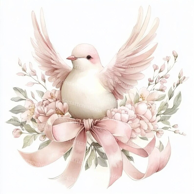 10 Bird with Pink Floral Clipart, Bird With Bow Clipart, Bird And Blossom, Printable Watercolor, High-Quality JPGs, Papercraft, Junk Journal