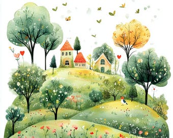 Spring Garden Watercolor Clipart: Cottage Houses, Floral Art (Digital Download)