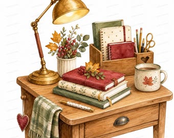20 Home Study Desk Stationery Clipart, Back To School Study Planner Watercolor JPGs Digital Download Commercial Use
