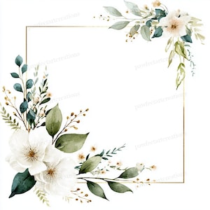 May include: Watercolor floral design featuring white flowers, green leaves, and gold accents. The arrangement includes a gold square frame, perfect for invitations, cards, or other creative projects. The design has a delicate and elegant aesthetic.