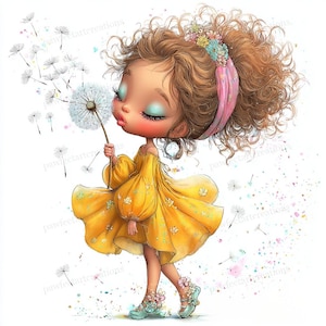 May include: A whimsical illustration of a young girl blowing dandelion seeds. She wears a yellow dress, teal shoes, and a floral headband. The girl has brown curly hair and closed eyes with teal eyeshadow. Dandelion seeds float in the air.