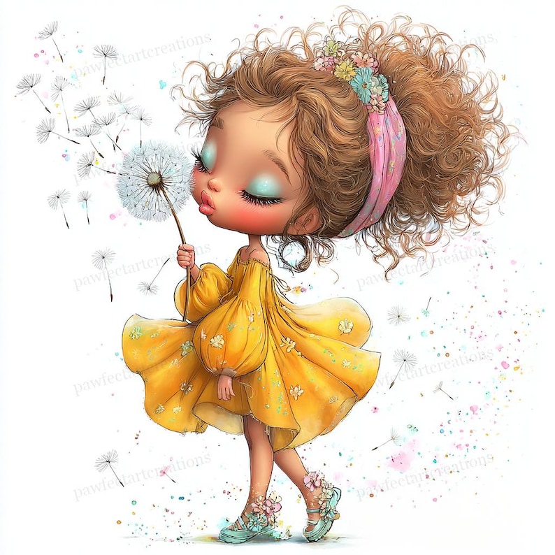 May include: A whimsical illustration of a young girl blowing dandelion seeds. She wears a yellow dress, teal shoes, and a floral headband. The girl has brown curly hair and closed eyes with teal eyeshadow. Dandelion seeds float in the air.