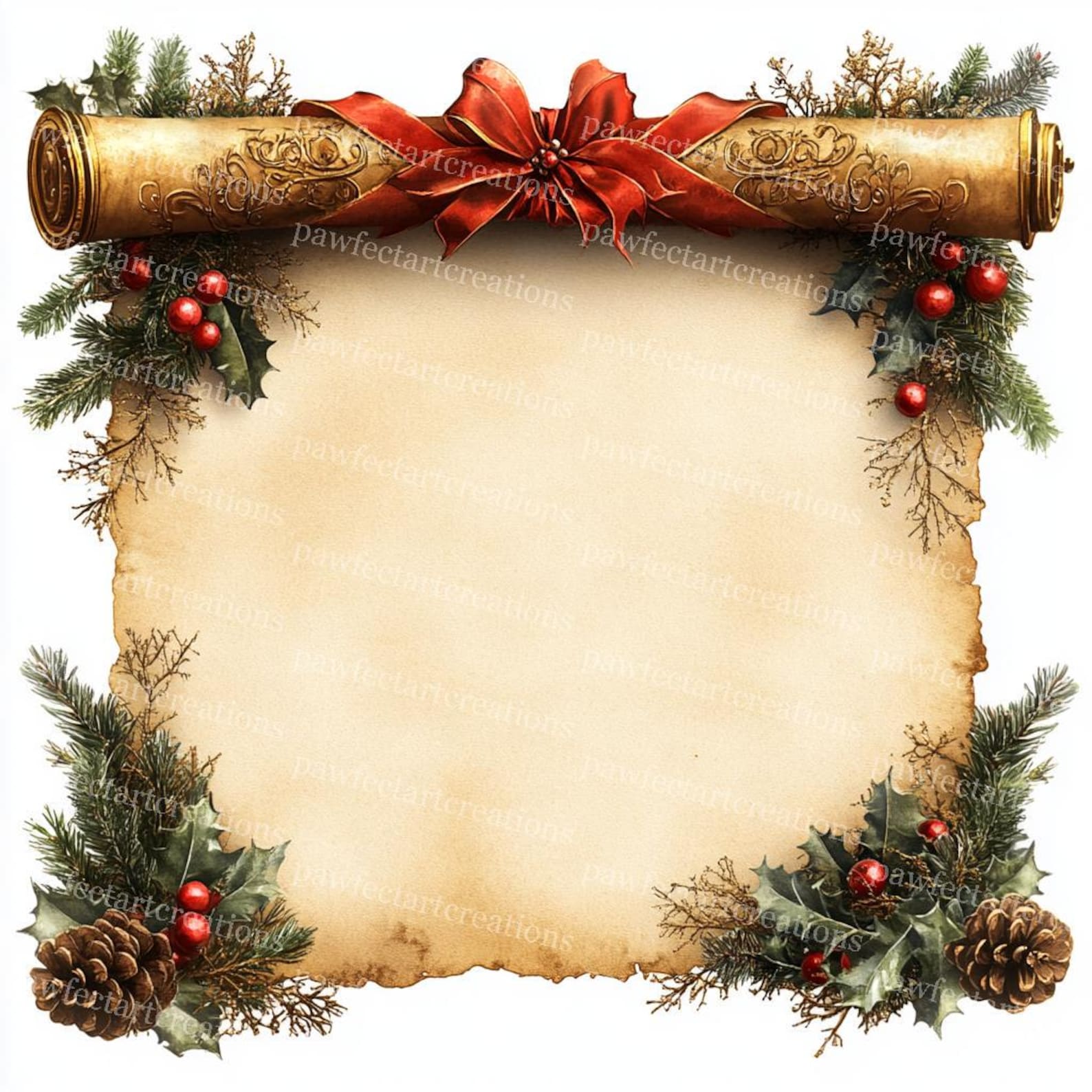 12 Vintage Christmas Scroll Clipart: Watercolor Paper Design (digital ...