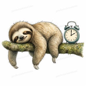 Peut inclure: Une illustration à l'aquarelle représentant un paresseux brun aux yeux fermés dormant paisiblement sur une branche d'arbre moussue. À côté du paresseux se trouve un réveil bleu sarcelle de style vintage avec un cadran crème et des aiguilles noires.
