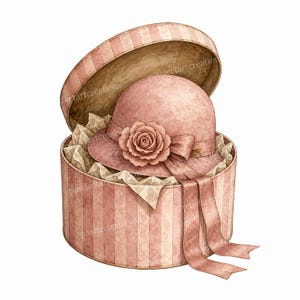 May include: A dusty pink cloche hat with a matching fabric rose and ribbon detail, nestled inside a round, striped hat box lined with crumpled tissue paper. The hat box lid is propped open, revealing the hat and the long, trailing ribbon ends.