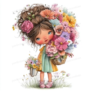 May include: A digital illustration of a young girl with brown hair and blue eyes, wearing a yellow and green dress and pink shoes. She carries a basket and a bucket overflowing with colorful flowers, including pink, orange, and yellow blooms.