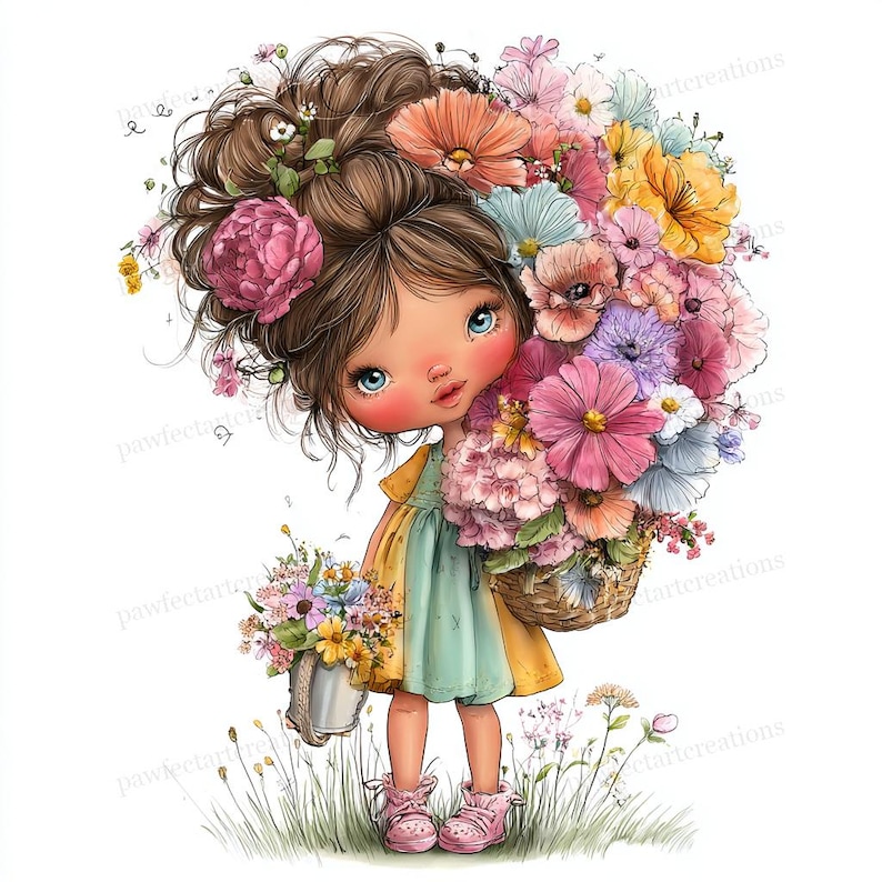 May include: A digital illustration of a young girl with brown hair and blue eyes, wearing a yellow and green dress and pink shoes. She carries a basket and a bucket overflowing with colorful flowers, including pink, orange, and yellow blooms.