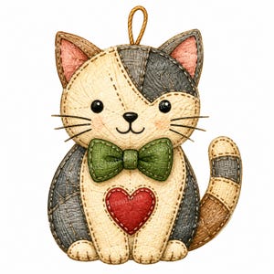 May include: A cat-shaped ornament featuring a patchwork design in cream, grey, and brown tones with visible stitching. The cat wears a green bow tie, has a red heart on its chest, and includes a small loop at the top for hanging purposes.
