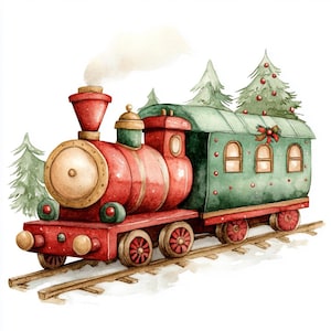 14 imágenes prediseñadas de tren navideño, tren de dibujos animados, tarjeta navideña, acuarela imprimible, archivos JPG de alta calidad, manualidades de papel, diario basura, manualidades digitales