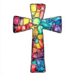 May include: A colorful cross design with a stained glass effect. The cross features a mosaic of vibrant colors including red, yellow, green, blue, and purple, outlined in black. The design is set against a white background.