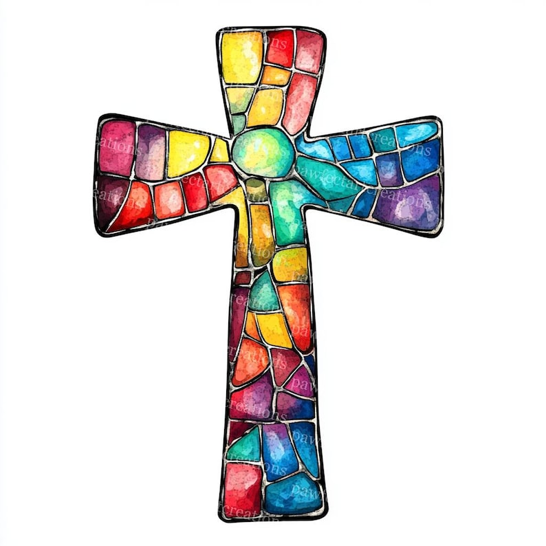 May include: A colorful cross design with a stained glass effect. The cross features a mosaic of vibrant colors including red, yellow, green, blue, and purple, outlined in black. The design is set against a white background.