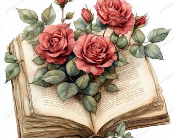 Floral Book Clipart: Watercolor Roses, Junk Journal Graphics (Digital Download)