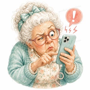 20 Cliparts zum Thema „Telefonprobleme für die technikbegeisterte Oma“, humorvolle Aquarell-JPGs für Senioren, digitaler Download, kommerzielle Nutzung