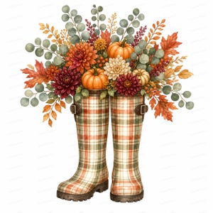 20 Fall Floral Rain Boots Clipart, Autumn Garden Card Making Watercolor JPGs Digital Download Commercial Use