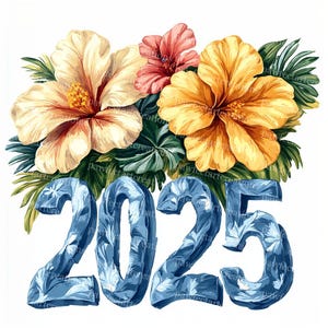 10 cliparts floraux Happy New Year 2025, Saint-Sylvestre, aquarelle imprimable, fichiers JPG de haute qualité, carnet de voyage Papercraft, créations numériques