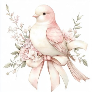 10 Bird with Pink Floral Clipart, Bird With Bow Clipart, Bird And Blossom, Printable Watercolor, High-Quality JPGs, Papercraft, Junk Journal