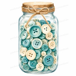 May include: A clear glass jar filled with a collection of round buttons in shades of teal, blue, and cream. The jar has a wooden lid and is tied with a natural jute twine bow around the neck. The buttons vary in size and feature four holes.