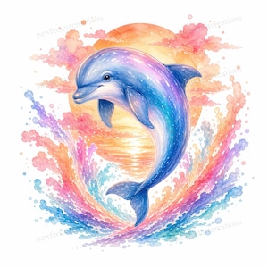 Könnte beinhalten: Eine Aquarellillustration eines springenden Delfins in Blau-, Lila- und Rosatönen. Der Delfin ist vor dem Hintergrund eines Sonnenuntergangs mit orange- und rosafarbenen Farbtönen und farbenfrohen Wasserspritzern dargestellt. Das Thema ist maritim und skurril.
