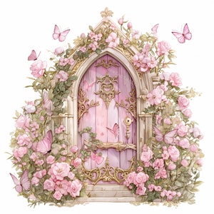 11 Florals Feentür Clipart, Feentür, Feentür rosa, Schmetterlinge, druckbares Aquarell, hochwertige JPGs, Papercraft, Junk Journal