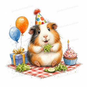 May include: A watercolour illustration of a guinea pig wearing a party hat, holding lettuce, and smiling. There are balloons, a gift, and a cupcake with a lit candle. The scene is set on a red and white checkered picnic blanket.