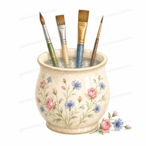 May include: A watercolor illustration of paintbrushes in a floral ceramic jar. The jar is cream-colored with pink roses and blue flowers. The paintbrushes have various handle colors and brush shapes, and are submerged in water.