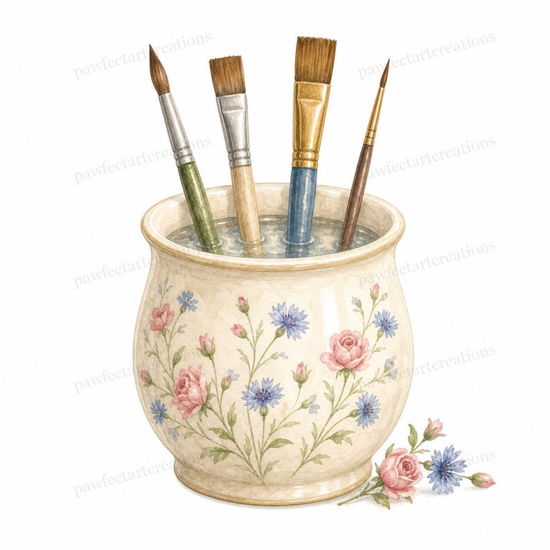 May include: A watercolor illustration of paintbrushes in a floral ceramic jar. The jar is cream-colored with pink roses and blue flowers. The paintbrushes have various handle colors and brush shapes, and are submerged in water.