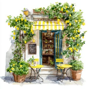 May include: Watercolor painting of a charming cafe exterior. The facade features a yellow and white striped awning, a blue door, and climbing lemon trees. Two yellow tables and chairs are set outside, with a chalkboard sign that reads "Coffee".