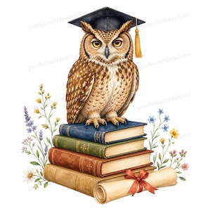 Puede incluir: Ilustración en acuarela de un búho marrón con birrete negro y borla dorada. El búho está posado sobre una pila de libros con un pergamino enrollado atado con una cinta roja. Acentos florales rodean los libros.