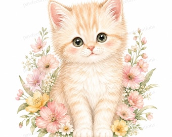 20 Floral Kitten Spring Clipart, Cute Watercolor Cat Flower JPGs, Digital Download, Commercial Use
