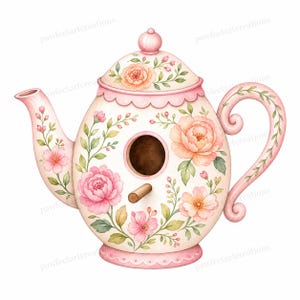 Könnte beinhalten: Ein skurriles, teekannenförmiges Vogelhaus in zartem Rosa und Weiß, verziert mit floralen Designs in Rosa- und Pfirsichtönen. Das Vogelhaus hat ein rundes Eingangsloch und eine kleine Holzstange, ideal für die Gartendekoration.