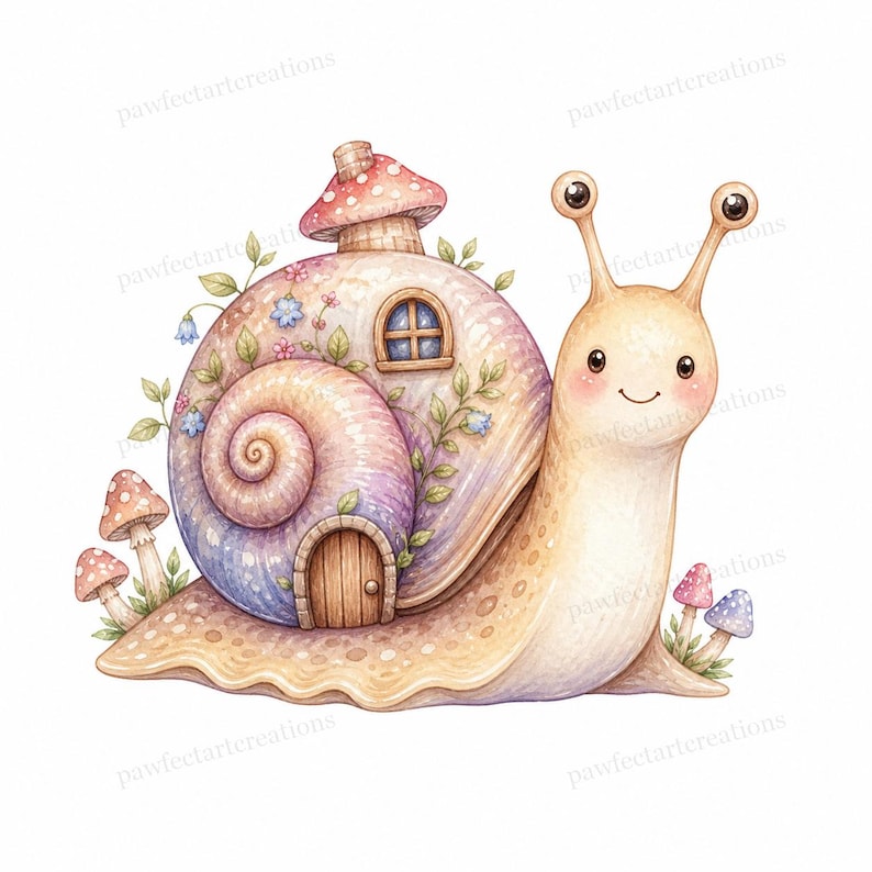 20 Cottage Mushroom Snail Clipart, Watercolor JPG Clipart Bundle, Digital Download, Commercial Use, Printable Art