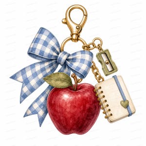 May include: A gold-toned metal keychain featuring a large red apple with a green leaf, a blue and white gingham patterned bow, a small metal pencil sharpener charm, and a miniature spiral-bound notebook with a small green heart accent.