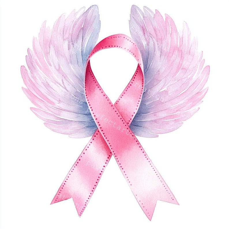 13 Pink Awareness Ribbon with angel wing Clipart, Breast Cancer Awareness, Printable Watercolor, High-Quality JPGs, Papercraft Junk Journal, Digital Craft