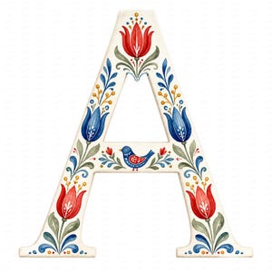 May include: A capital letter A in a cream-colored finish, decorated with a hand-painted floral pattern featuring red and blue tulips, green leaves, yellow accents, and a small blue bird centered on the horizontal crossbar of the letter.