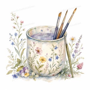 May include: A watercolor illustration of a ceramic cup filled with purple liquid and paintbrushes. The cup is decorated with colorful flowers and surrounded by floral elements. The image has a soft, artistic aesthetic.
