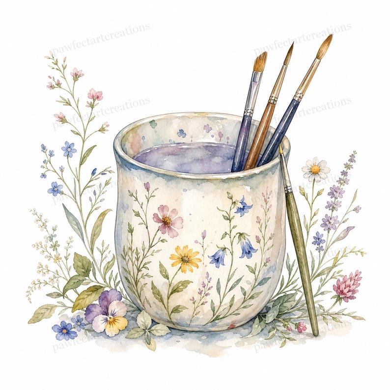 May include: A watercolor illustration of a ceramic cup filled with purple liquid and paintbrushes. The cup is decorated with colorful flowers and surrounded by floral elements. The image has a soft, artistic aesthetic.