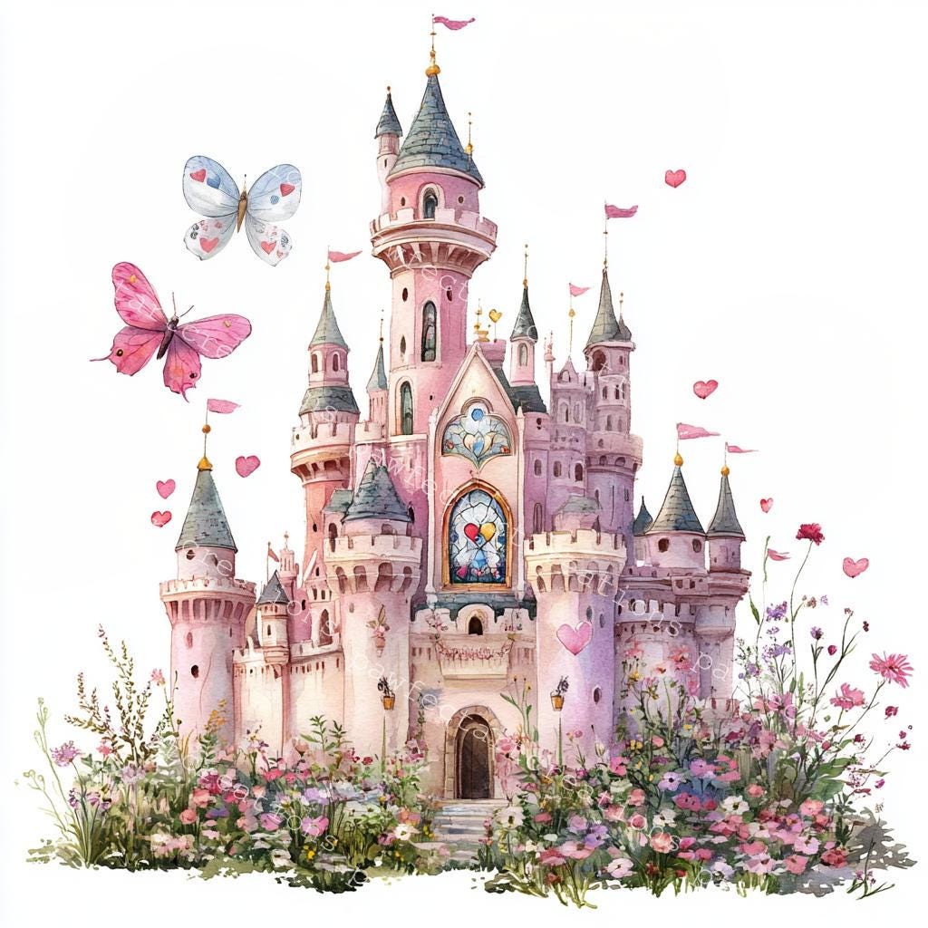 Pink Fairy Tale Castle Clipart: Watercolor Style (JPG & PNG Digital ...