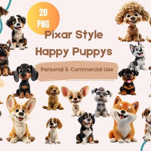 20 Pixar Style Dog Clipart, Hund PNG Bundle, glücklicher Welpe Clipart, süße Hundeporträts Clipart, glücklicher Welpe Karikatur, lustiger Hund, 3D-Hundebild