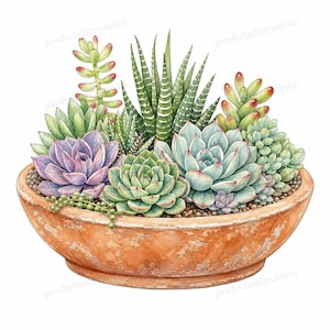 May include: A watercolour illustration of a collection of various succulents planted in a round, weathered terracotta-coloured bowl. The arrangement features green, purple, and striped plants with small pebbles visible at the base of the succulents.
