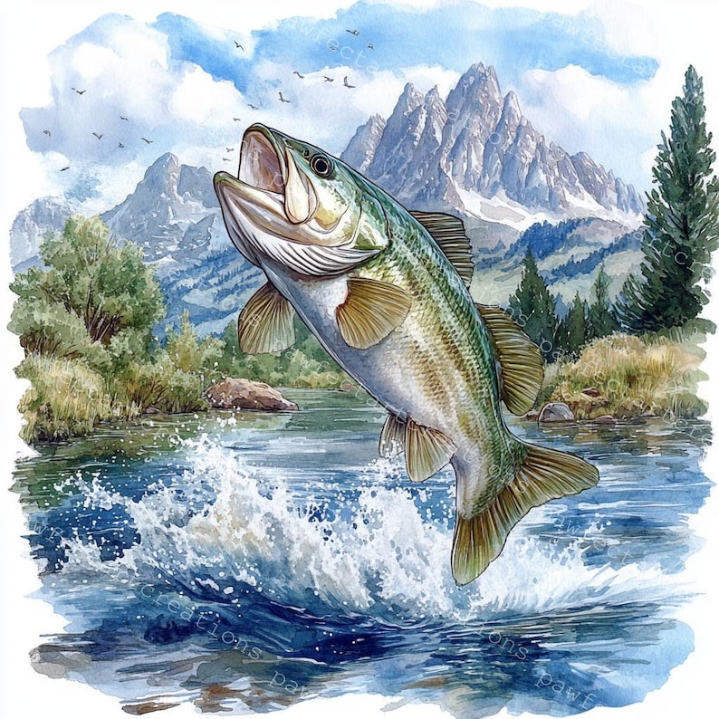 12 Jumping Bass Clipart, Fish Clipart, Smallmouth Bass Fish, Printable Watercolor, Highquality